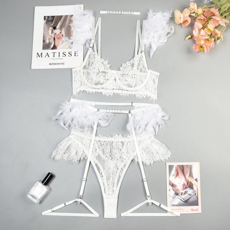 Feather Sexy Lingerie Lace Women Underwear Bra Panty $79.99 Dana Fashion Color: Black size: L Women's clothing Product information: Fabric name: lace Main fabric composition: Polyester Fiber (polyester) Size: S,M,L,XL Applicable Gender: Female Style: thre