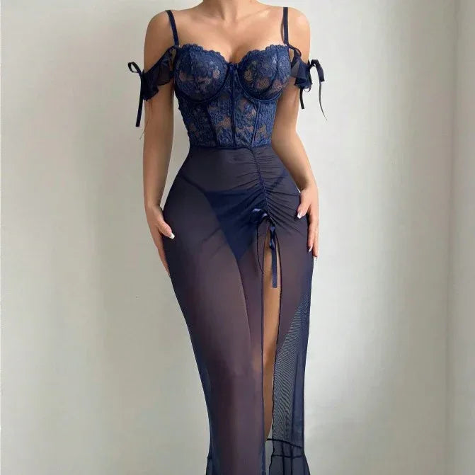 Navy Blue Sexy Lingerie Set Long Dress Split - DanaFashionstore