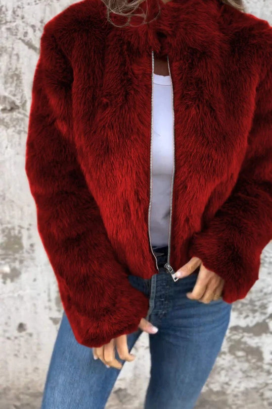 Fashion Stand Collar Plush Jacket Winter Casual Turtleneck Zipper Coat Fleece Tops Women's Clothing