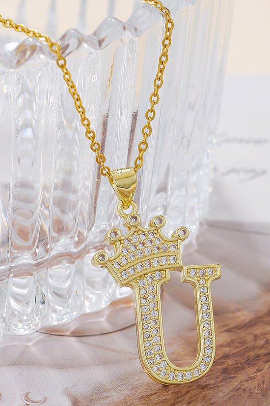 1PCS Fashionable Gold Diamond Crown Uppercase Letter Popular Pendant Necklace Suitable For Daily Use Festivals Parties Gifts Jewelry Set