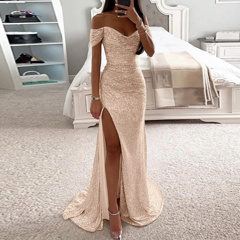 Female Creative Solid Color Sparkling Slit Dress $125.29 Dana Fashion Color: Black Size: US10 Women's clothing Product information: Applicable scenario: party Color: blue, black, silver, rose gold, red Main fabric composition: Polyester (polyester fiber)