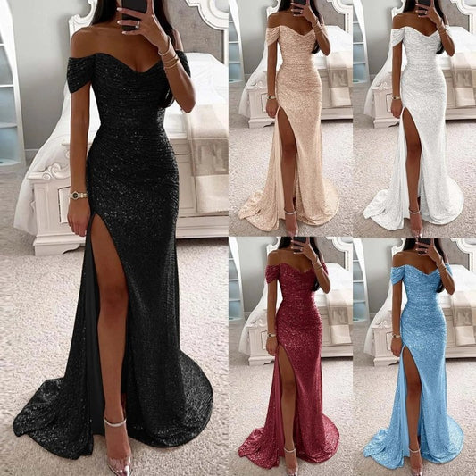Female Creative Solid Color Sparkling Slit Dress $125.29 Dana Fashion Color: Black Size: US10 Women's clothing Product information: Applicable scenario: party Color: blue, black, silver, rose gold, red Main fabric composition: Polyester (polyester fiber)