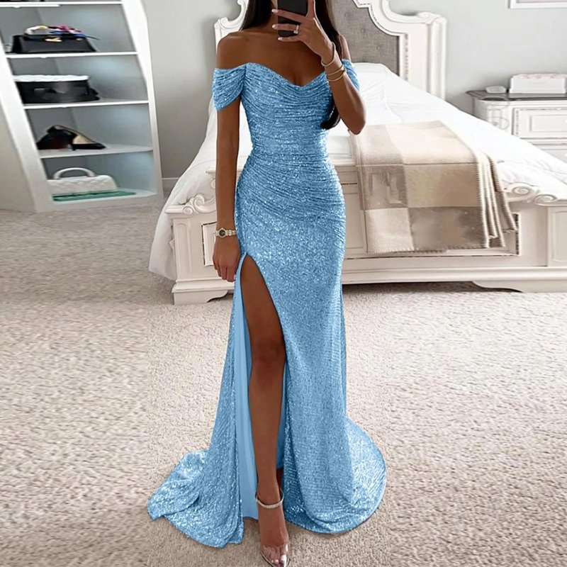 Female Creative Solid Color Sparkling Slit Dress $125.29 Dana Fashion Color: Blue Size: US10 Women's clothing Product information: Applicable scenario: party Color: blue, black, silver, rose gold, red Main fabric composition: Polyester (polyester fiber) S