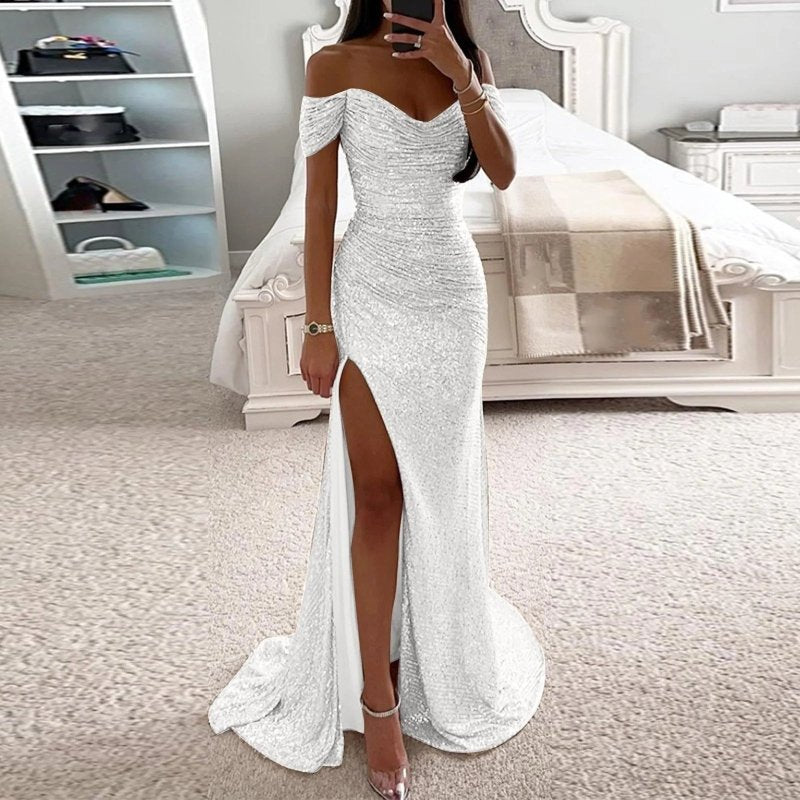 Female Creative Solid Color Sparkling Slit Dress $125.29 Dana Fashion Color: Silver Size: US10 Women's clothing Product information: Applicable scenario: party Color: blue, black, silver, rose gold, red Main fabric composition: Polyester (polyester fiber)