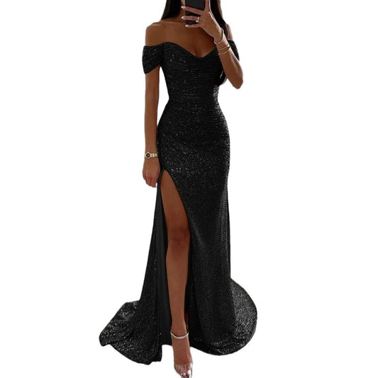 Female Creative Solid Color Sparkling Slit Dress $125.29 Dana Fashion Color: Black Size: US10 Women's clothing Product information: Applicable scenario: party Color: blue, black, silver, rose gold, red Main fabric composition: Polyester (polyester fiber)