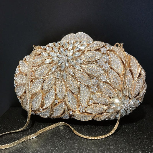 Female Leaf Flower Inlaid Diamond Dinner Bag $149.00 Dana Fashion Color: Champagne Size: BL504 Women's Bags Product information: Lining texture: synthetic leather Applicable scenarios: Daily matching Color: gold bottom white diamond, gold bottom gold Diam