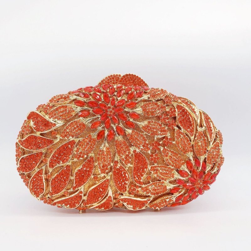 Female Leaf Flower Inlaid Diamond Dinner Bag $149.00 Dana Fashion Color: Orange Size: BL504 Women's Bags Product information: Lining texture: synthetic leather Applicable scenarios: Daily matching Color: gold bottom white diamond, gold bottom gold Diamand