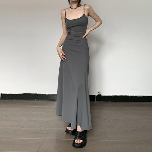 Female Summer Hot Girl Slim Fit Long Dress $19.90 Dana Fashion Color: Black Size: L Women's clothing Product information: Color: gray, black Waist type: high waist Popular elements: suspenders Style: Sling style Main fabric composition: Polyester (polyest