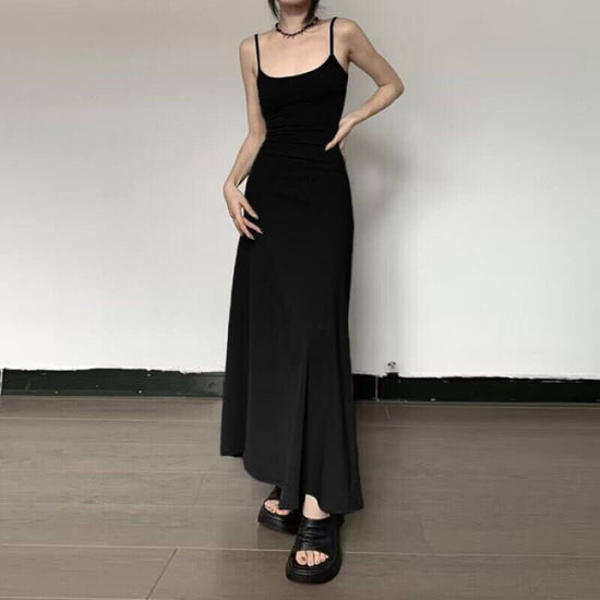 Female Summer Hot Girl Slim Fit Long Dress $19.90 Dana Fashion Color: Black Size: L Women's clothing Product information: Color: gray, black Waist type: high waist Popular elements: suspenders Style: Sling style Main fabric composition: Polyester (polyest