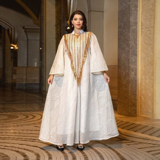 Festival Evening Dress Arabic Dubai Mesh Embroidered Sequins Robe Middle East $98.50 Dana Fashion Color: Light Green size: 2XL Women's clothing Product information: Color classification: white, light green Size: M,L,2XL,S,XL Material composition: 50% new