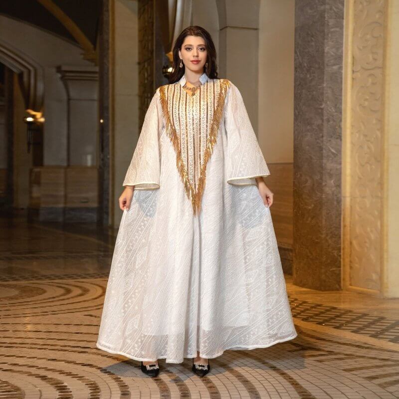 Festival Evening Dress Arabic Dubai Mesh Embroidered Sequins Robe Middle East $98.50 Dana Fashion Color: Light Green size: 2XL Women's clothing Product information: Color classification: white, light green Size: M,L,2XL,S,XL Material composition: 50% new