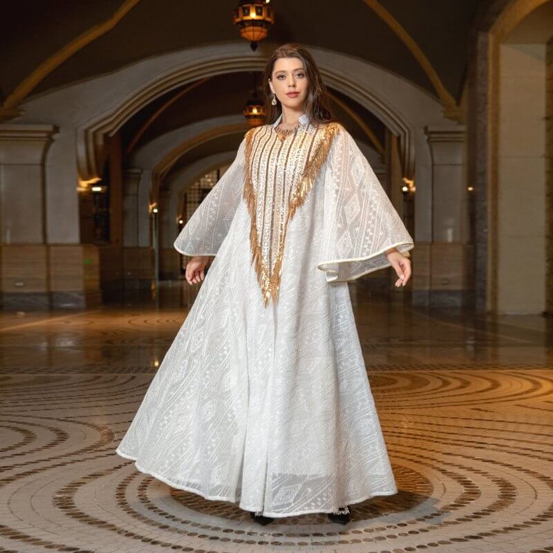 Festival Evening Dress Arabic Dubai Mesh Embroidered Sequins Robe Middle East $98.50 Dana Fashion Color: Light Green size: 2XL Women's clothing Product information: Color classification: white, light green Size: M,L,2XL,S,XL Material composition: 50% new