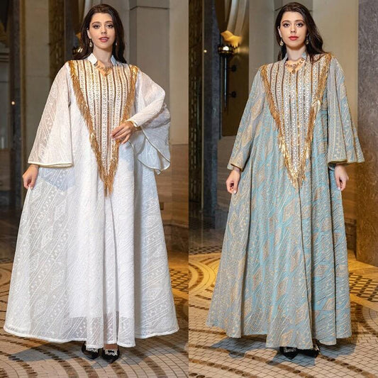 Festival Evening Dress Arabic Dubai Mesh Embroidered Sequins Robe Middle East $98.50 Dana Fashion Color: Light Green size: 2XL Women's clothing Product information: Color classification: white, light green Size: M,L,2XL,S,XL Material composition: 50% new