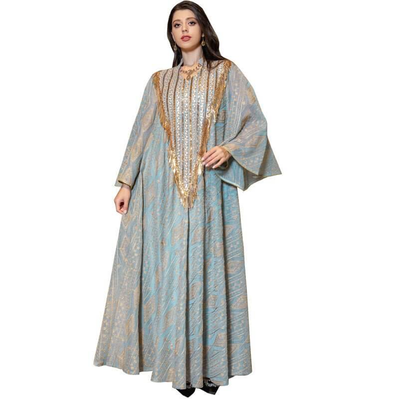 Festival Evening Dress Arabic Dubai Mesh Embroidered Sequins Robe Middle East $98.50 Dana Fashion Color: Light Green size: 2XL Women's clothing Product information: Color classification: white, light green Size: M,L,2XL,S,XL Material composition: 50% new