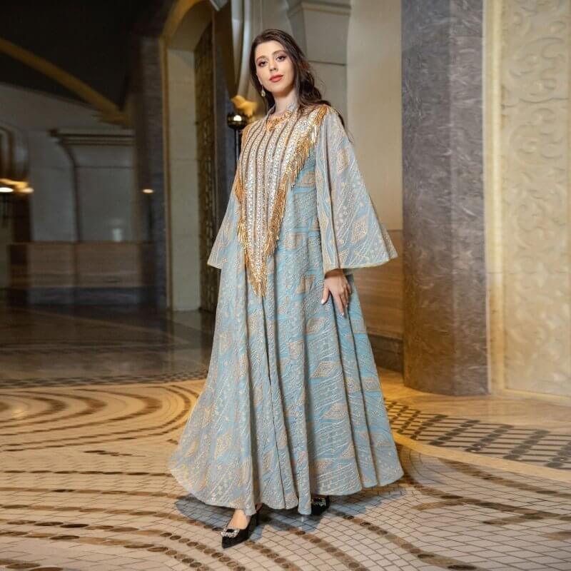Festival Evening Dress Arabic Dubai Mesh Embroidered Sequins Robe Middle East $98.50 Dana Fashion Color: Light Green size: 2XL Women's clothing Product information: Color classification: white, light green Size: M,L,2XL,S,XL Material composition: 50% new