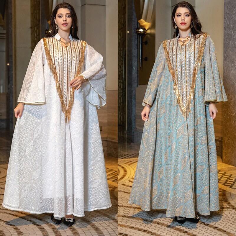 Festival Evening Dress Arabic Dubai Mesh Embroidered Sequins Robe Middle East $98.50 Dana Fashion Color: Light Green size: 2XL Women's clothing Product information: Color classification: white, light green Size: M,L,2XL,S,XL Material composition: 50% new