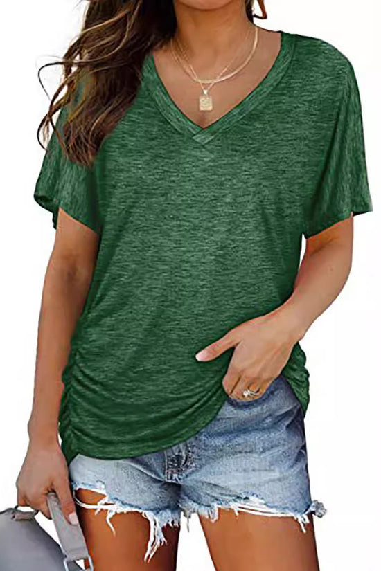 European And American T-shirt Solid Color Casual Loose-fitting V-neck Top