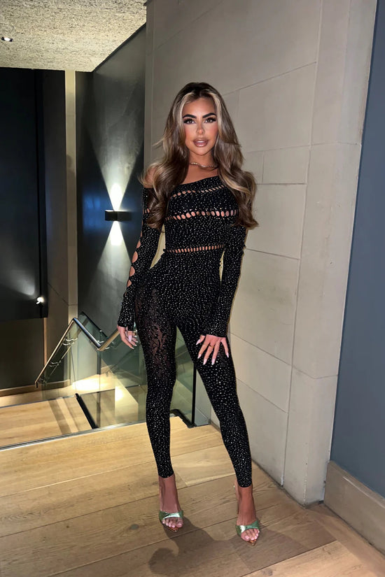 Tight Long-sleeved Rhinestone Jumpsuit