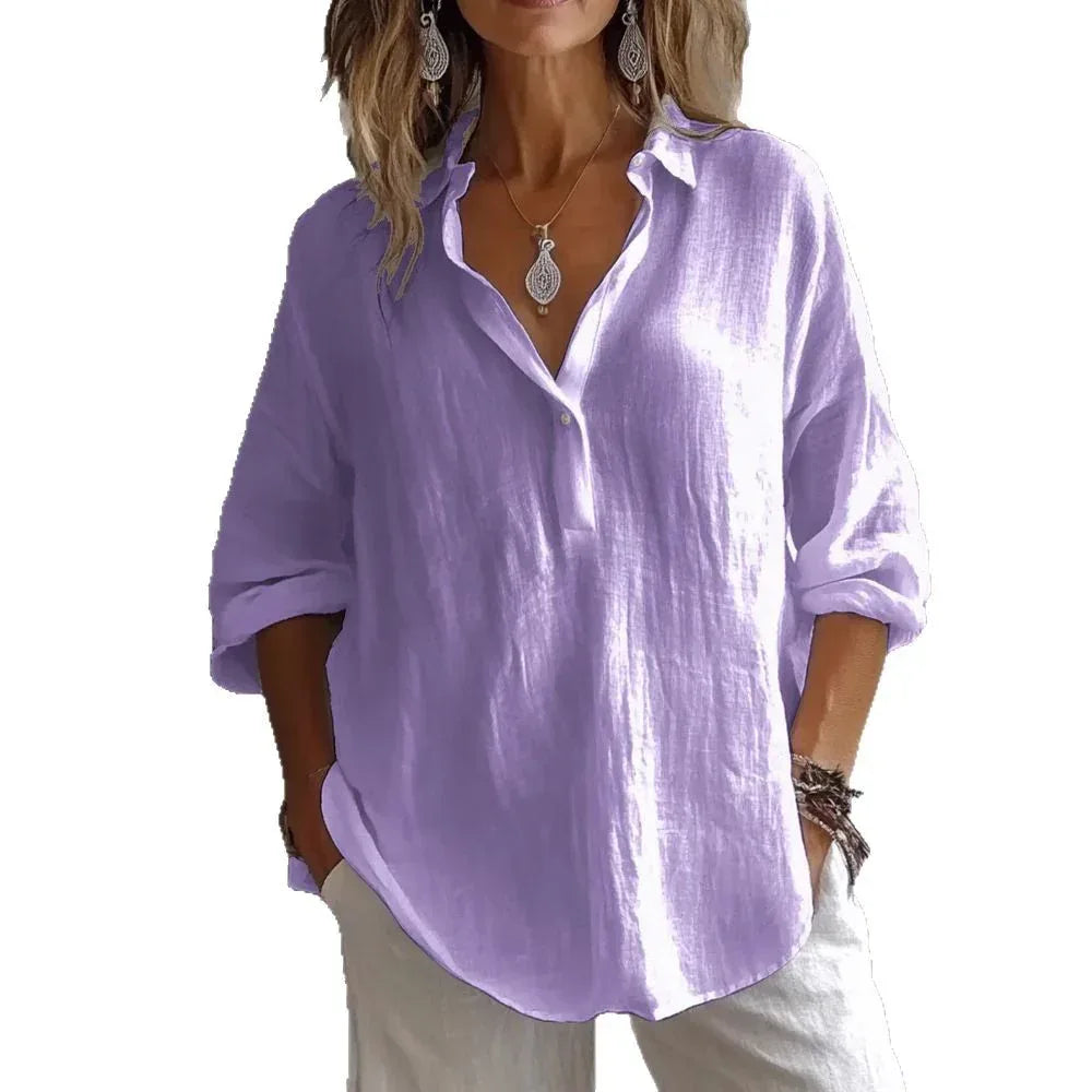 Fashion Long-sleeved Lapel Pullover Shirt Casual Loose Solid Color T-shirt Tops Women's Clothing - DanaFashionstore
