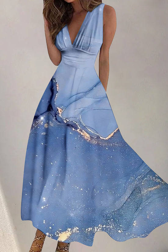 Women's Digital Printing Fashion V-neck Swing Long Dress