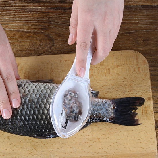 Fish Skin Brush Scraping Fish Scale Brush Grater Quick Disassembly Fish Knife Cleaning Peeling Skin Scraper Scraper Fish Scaler Kitchen Tools $9.00 Dana Fashion format: 16x5.5x4.2cm Color: white Dana's Kitchen Overview: Fish shape design and beautiful app