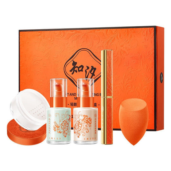 Five Piece Light Fog Makeup Set $42.69 Dana Fashion Color: Ivory makeup Product information: Applicable skin type: general Efficacy: beautify and even skin tone Color number: monochrome Color: ivory, natural Style: avant-garde, co branding, festival, Chin