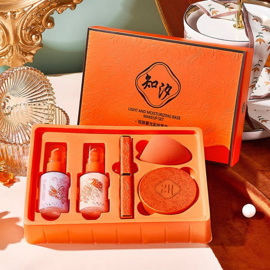 Five Piece Light Fog Makeup Set $42.69 Dana Fashion Color: Ivory makeup Product information: Applicable skin type: general Efficacy: beautify and even skin tone Color number: monochrome Color: ivory, natural Style: avant-garde, co branding, festival, Chin