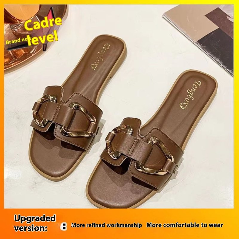 Flat Summer Slippers Women's Outer Wear $29.90 Dana Fashion Color: Brown Size: 35 Women's shoes Product information: Pattern: solid color Color: Black upgraded version, creamy-white upgraded version, Brown upgraded version Shoe Upper material: PU Size: 35