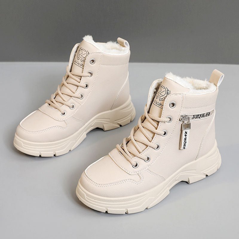 Fleece-lined Warm High-top Platform Side Zipper Student Height Increasing Cotton Shoes $51.94 Dana Fashion Color: Khaki Size: 35 Women's shoes Product information: Pattern: color matching Lining material: Cotton Color: khaki, White Upper height: high top