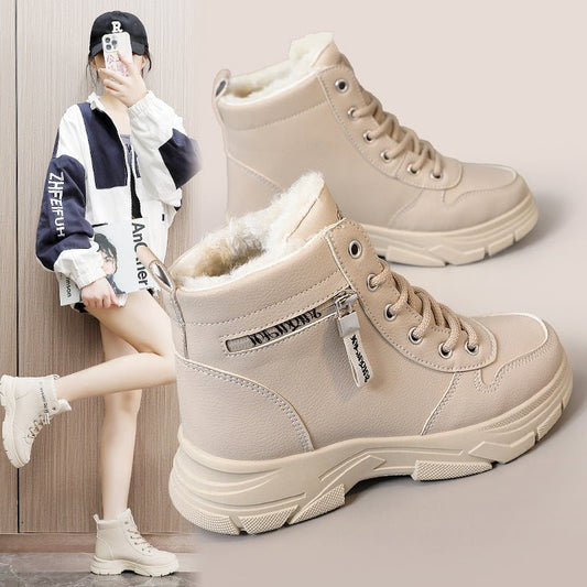 Fleece-lined Warm High-top Platform Side Zipper Student Height Increasing Cotton Shoes $51.94 Dana Fashion Color: Khaki Size: 35 Women's shoes Product information: Pattern: color matching Lining material: Cotton Color: khaki, White Upper height: high top