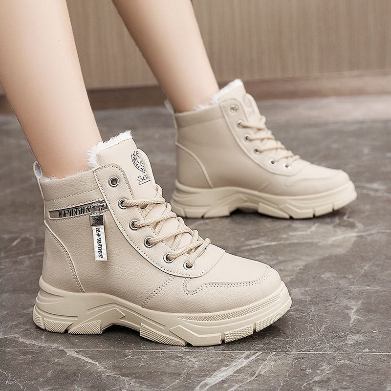 Fleece-lined Warm High-top Platform Side Zipper Student Height Increasing Cotton Shoes $51.94 Dana Fashion Color: Khaki Size: 35 Women's shoes Product information: Pattern: color matching Lining material: Cotton Color: khaki, White Upper height: high top