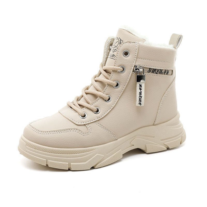 Fleece-lined Warm High-top Platform Side Zipper Student Height Increasing Cotton Shoes $51.94 Dana Fashion Color: Khaki Size: 35 Women's shoes Product information: Pattern: color matching Lining material: Cotton Color: khaki, White Upper height: high top