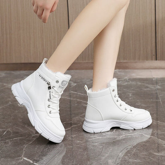 Fleece-lined Warm High-top Platform Side Zipper Student Height Increasing Cotton Shoes $51.94 Dana Fashion Color: Khaki Size: 35 Women's shoes Product information: Pattern: color matching Lining material: Cotton Color: khaki, White Upper height: high top