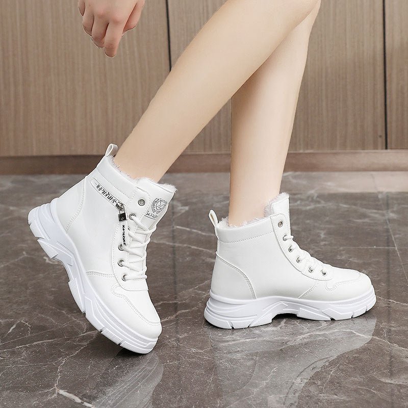 Fleece-lined Warm High-top Platform Side Zipper Student Height Increasing Cotton Shoes $51.94 Dana Fashion Color: Khaki Size: 35 Women's shoes Product information: Pattern: color matching Lining material: Cotton Color: khaki, White Upper height: high top