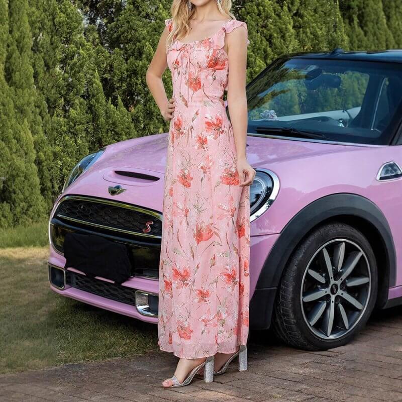Floral Lace Waist Trimming Lace Up Backless Dress $89.90 Dana Fashion Color: DMQ77331 Pink Size: L Women's clothing Product information: Pattern: Printing Skirt type: large swing skirt Waist type: high waist Size: S,M,L,XL Combination form: Single piece S