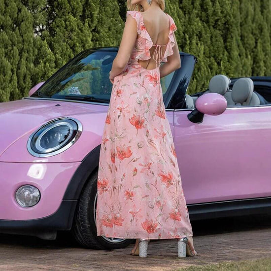 Floral Lace Waist Trimming Lace Up Backless Dress $89.90 Dana Fashion Color: DMQ77331 Pink Size: L Women's clothing Product information: Pattern: Printing Skirt type: large swing skirt Waist type: high waist Size: S,M,L,XL Combination form: Single piece S