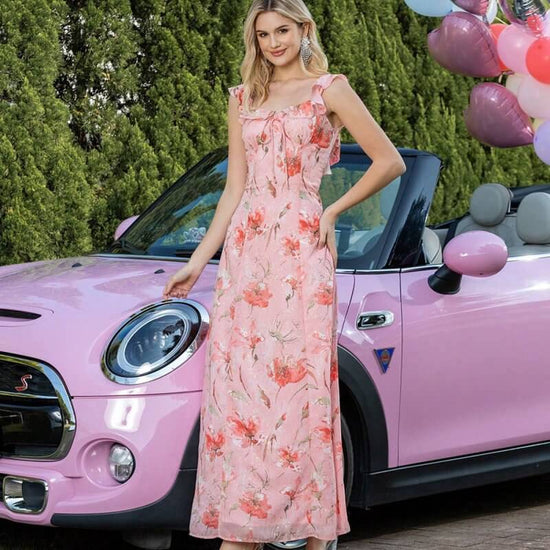Floral Lace Waist Trimming Lace Up Backless Dress $89.90 Dana Fashion Color: DMQ77331 Pink Size: L Women's clothing Product information: Pattern: Printing Skirt type: large swing skirt Waist type: high waist Size: S,M,L,XL Combination form: Single piece S