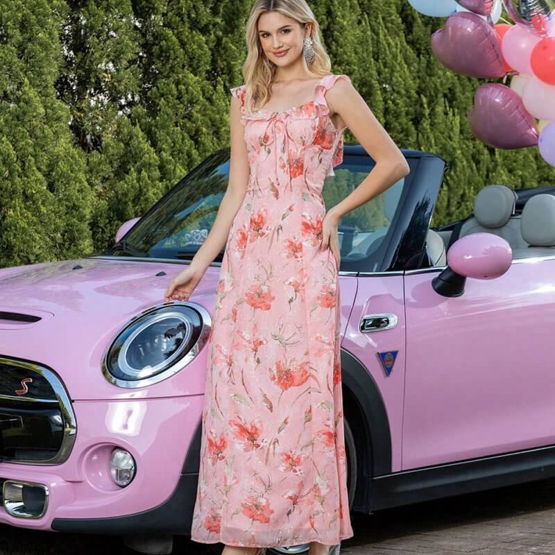 Floral Lace Waist Trimming Lace Up Backless Dress $89.90 Dana Fashion Color: DMQ77331 Pink Size: L Women's clothing Product information: Pattern: Printing Skirt type: large swing skirt Waist type: high waist Size: S,M,L,XL Combination form: Single piece S