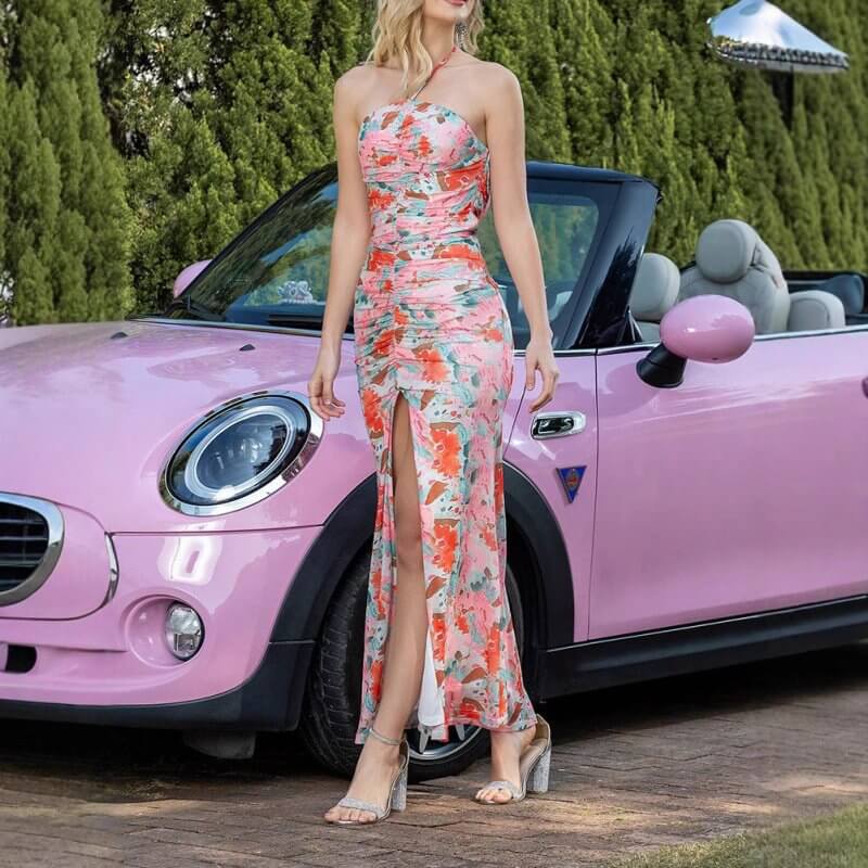 Floral Print Backless Front Slit Dress $70.50 Dana Fashion Color: DMQ77334 Multicolor Size: L Women's clothing Product information: Skirt type: A- line skirt Color: DMQ77334 multicolor Waist type: high waist Size: XS,S,M,L Style type: Sexy Occasion: Vacat