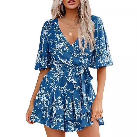 Floral V-neck Flare Sleeve Waist Belt-layer Pleated Dress $38.50 Dana Fashion Size: 2XL Color: Black White Women's clothing Product information: Pattern: Color Thickness: medium Color: Lake Blue. Short sleeve, pink. Short Sleeve, wine red. Short Sleeve, G