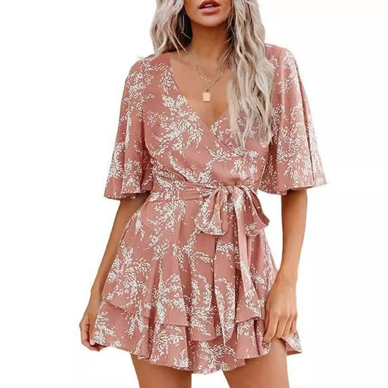 Floral V-neck Flare Sleeve Waist Belt-layer Pleated Dress $38.50 Dana Fashion Size: 2XL Color: Black White Women's clothing Product information: Pattern: Color Thickness: medium Color: Lake Blue. Short sleeve, pink. Short Sleeve, wine red. Short Sleeve, G