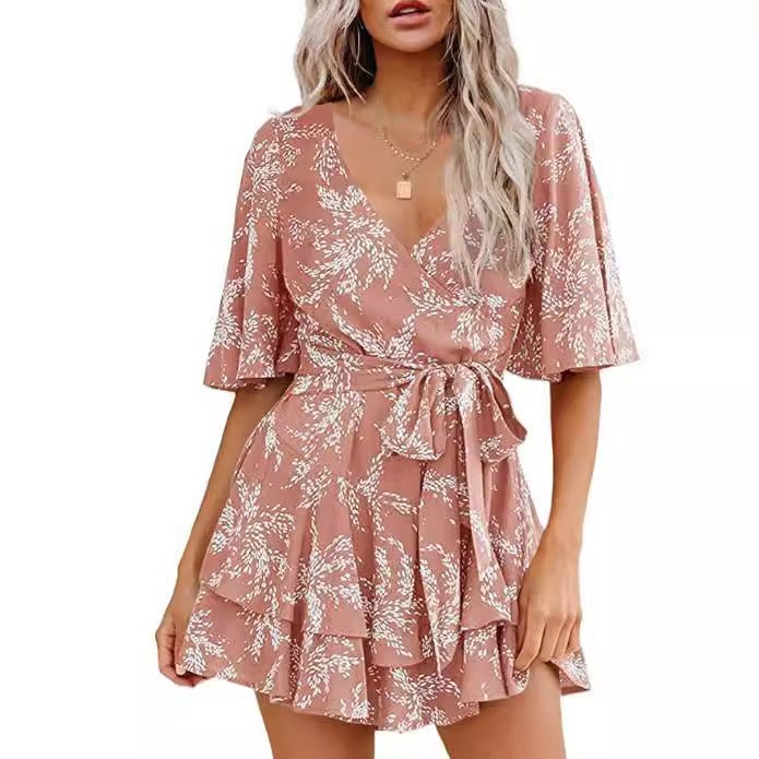 Floral V-neck Flare Sleeve Waist Belt-layer Pleated Dress $38.50 Dana Fashion Size: 2XL Color: Black White Women's clothing Product information: Pattern: Color Thickness: medium Color: Lake Blue. Short sleeve, pink. Short Sleeve, wine red. Short Sleeve, G