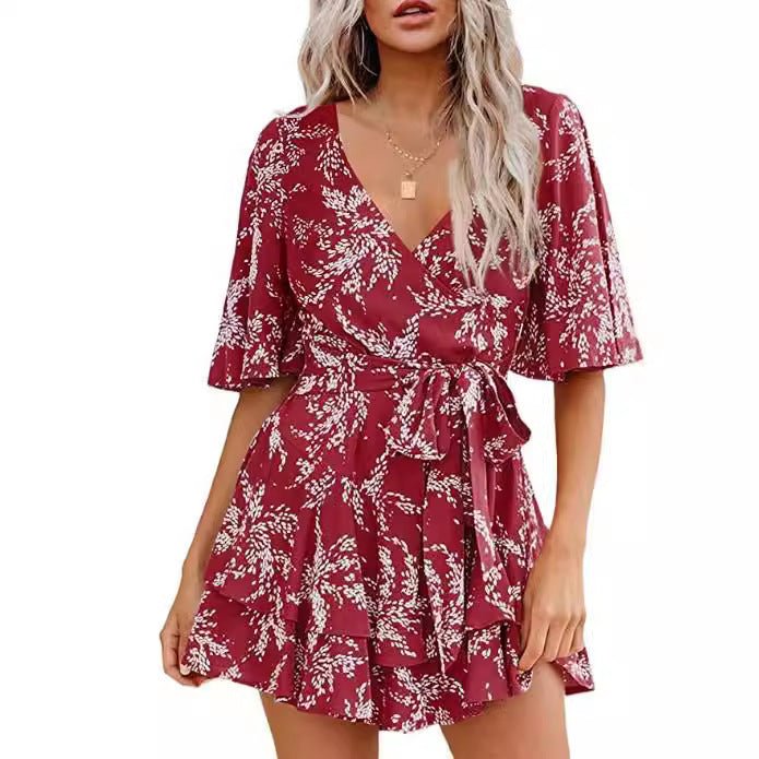 Floral V-neck Flare Sleeve Waist Belt-layer Pleated Dress $38.50 Dana Fashion Size: 2XL Color: Black White Women's clothing Product information: Pattern: Color Thickness: medium Color: Lake Blue. Short sleeve, pink. Short Sleeve, wine red. Short Sleeve, G