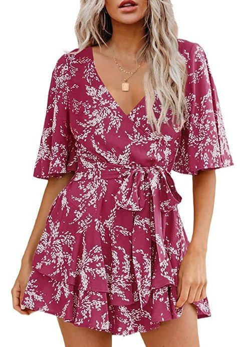 Floral V-neck Flare Sleeve Waist Belt-layer Pleated Dress $38.50 Dana Fashion Size: 2XL Color: Purple Women's clothing Product information: Pattern: Color Thickness: medium Color: Lake Blue. Short sleeve, pink. Short Sleeve, wine red. Short Sleeve, Green.
