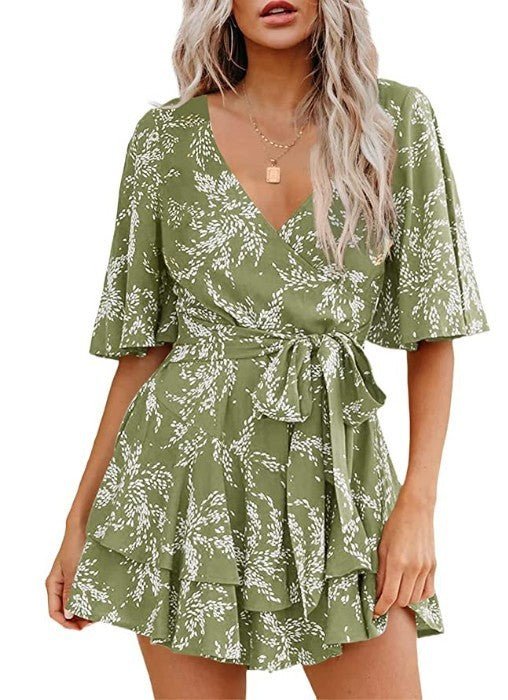 Floral V-neck Flare Sleeve Waist Belt-layer Pleated Dress $38.50 Dana Fashion Size: 2XL Color: Green Women's clothing Product information: Pattern: Color Thickness: medium Color: Lake Blue. Short sleeve, pink. Short Sleeve, wine red. Short Sleeve, Green.