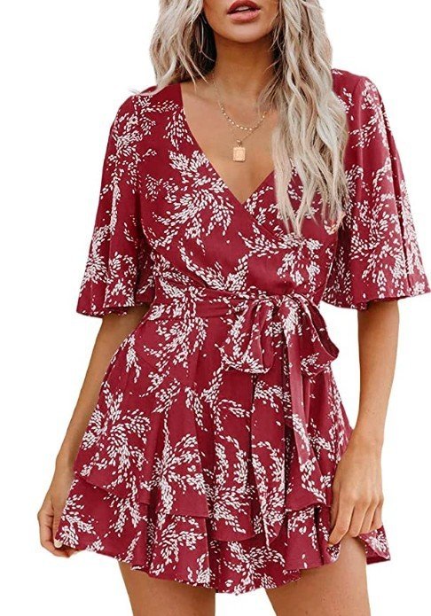Floral V-neck Flare Sleeve Waist Belt-layer Pleated Dress $38.50 Dana Fashion Size: 2XL Color: Wine Red Women's clothing Product information: Pattern: Color Thickness: medium Color: Lake Blue. Short sleeve, pink. Short Sleeve, wine red. Short Sleeve, Gree