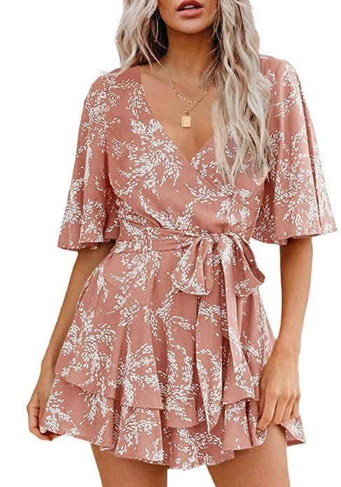 Floral V-neck Flare Sleeve Waist Belt-layer Pleated Dress $38.50 Dana Fashion Size: 2XL Color: Pink Women's clothing Product information: Pattern: Color Thickness: medium Color: Lake Blue. Short sleeve, pink. Short Sleeve, wine red. Short Sleeve, Green. S