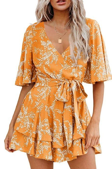 Floral V-neck Flare Sleeve Waist Belt-layer Pleated Dress $38.50 Dana Fashion Size: 2XL Color: Yellow Women's clothing Product information: Pattern: Color Thickness: medium Color: Lake Blue. Short sleeve, pink. Short Sleeve, wine red. Short Sleeve, Green.