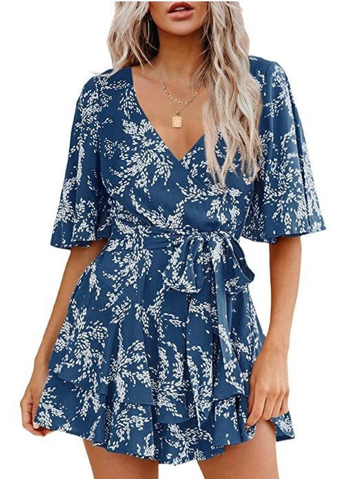 Floral V-neck Flare Sleeve Waist Belt-layer Pleated Dress $38.50 Dana Fashion Size: 2XL Color: Navy Blue Women's clothing Product information: Pattern: Color Thickness: medium Color: Lake Blue. Short sleeve, pink. Short Sleeve, wine red. Short Sleeve, Gre
