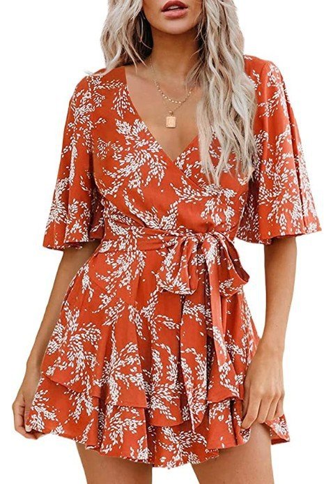 Floral V-neck Flare Sleeve Waist Belt-layer Pleated Dress $38.50 Dana Fashion Size: 2XL Color: Orange Women's clothing Product information: Pattern: Color Thickness: medium Color: Lake Blue. Short sleeve, pink. Short Sleeve, wine red. Short Sleeve, Green.
